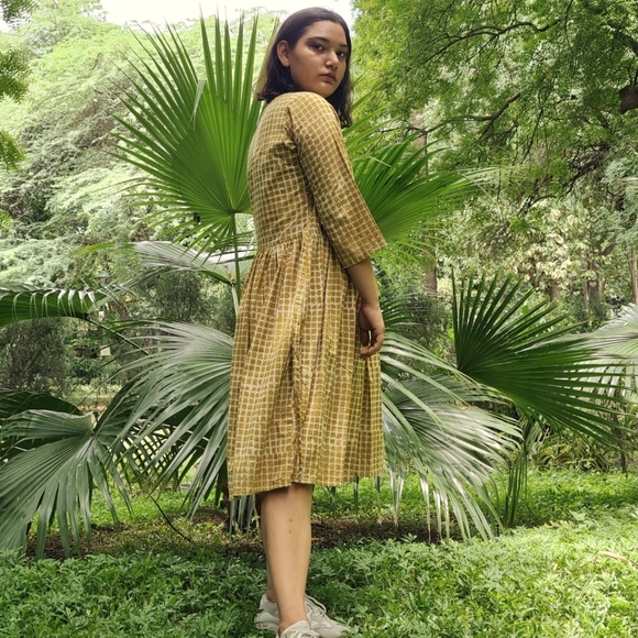 Size- S, Hand block printed yellow dress. - Picture 4 of 4